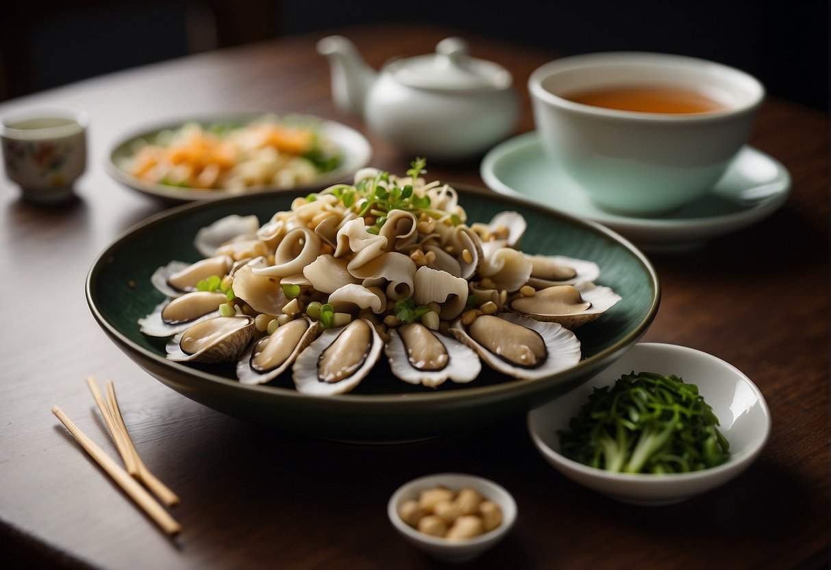 A table set with Chinese oyster mushroom dish, accompanied by chopsticks, soy sauce, and green tea