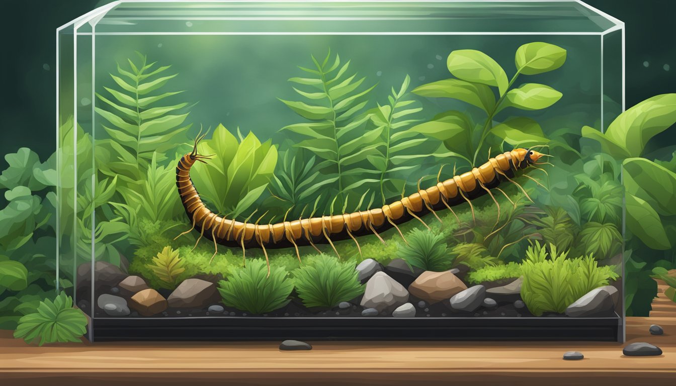 A close-up of various centipede species in a terrarium, with lush green foliage and small rocks creating a natural habitat