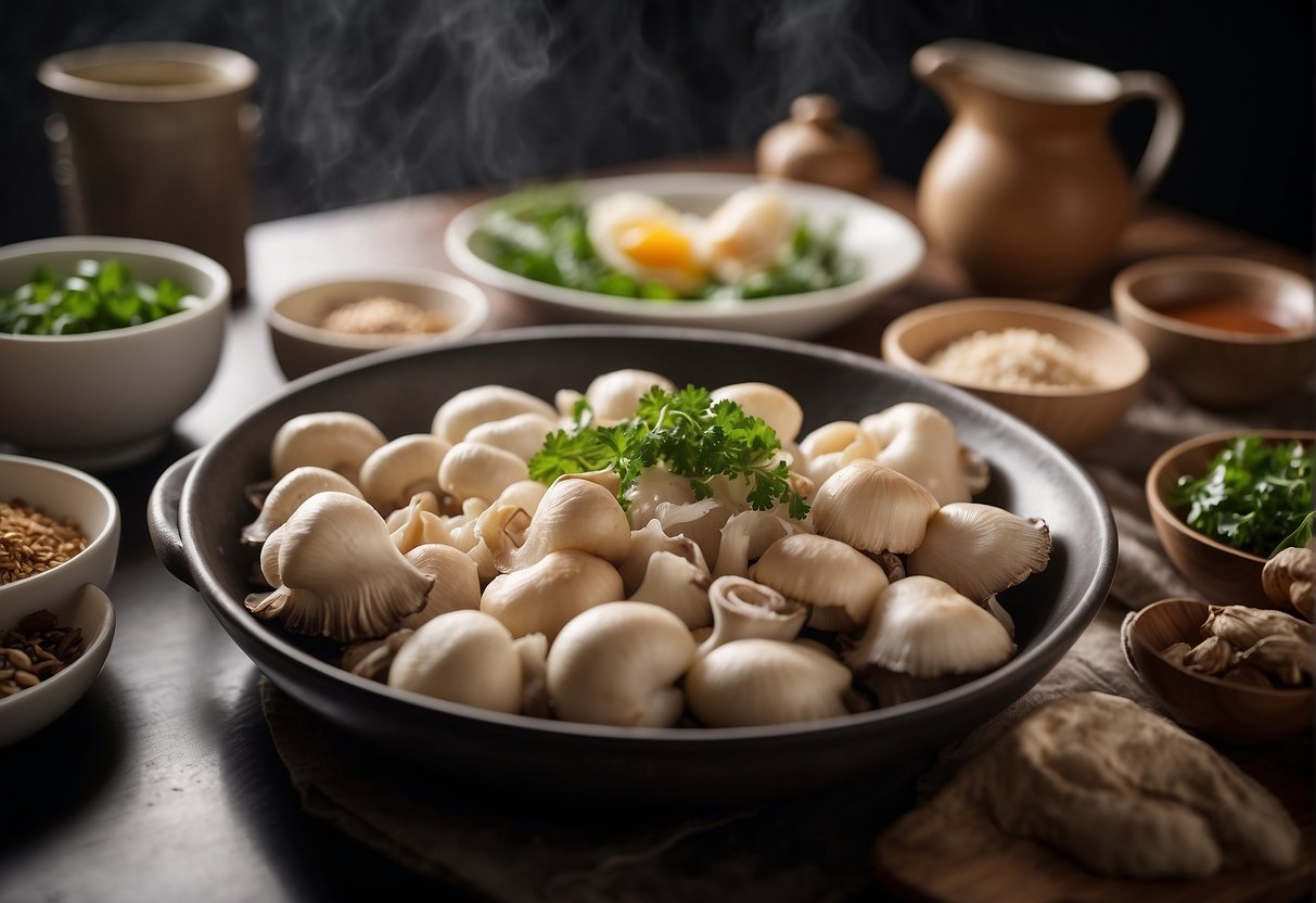 A table with various ingredients and utensils for cooking oyster mushroom recipe. Chinese characters on a recipe card. Bright, clean kitchen setting