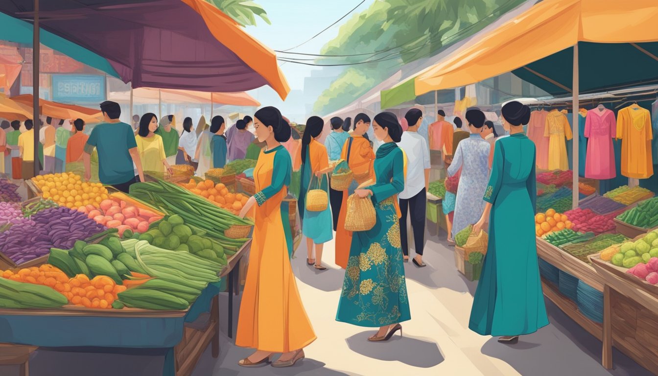 A bustling market in Singapore displays various Baju Kurung styles. Vendors showcase affordable options amid vibrant colors and intricate designs