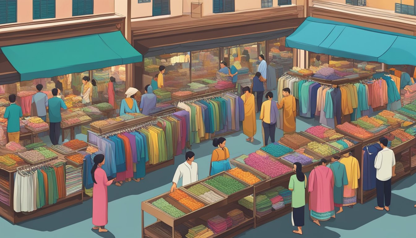 A bustling marketplace with colorful baju kurung displayed on racks and tables, with eager customers browsing and haggling with vendors