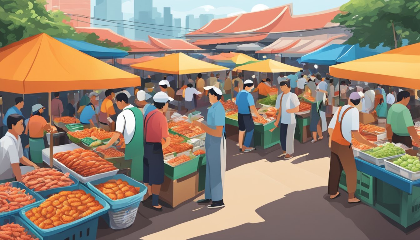 A bustling seafood market in Singapore, with vendors selling volcano shrimp in vibrant, bustling stalls