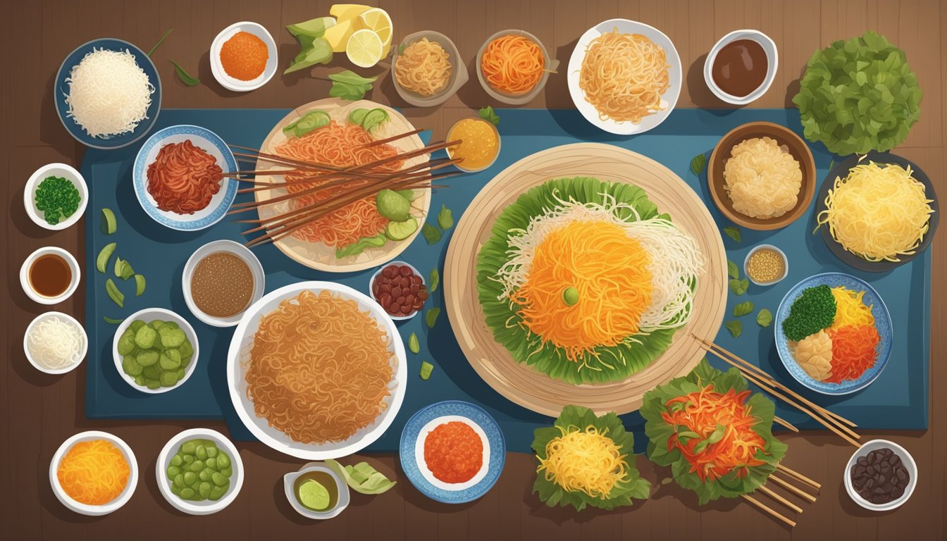 A table set with colorful ingredients for making Yu Sheng, a traditional Singaporean dish, with a large platter at the center