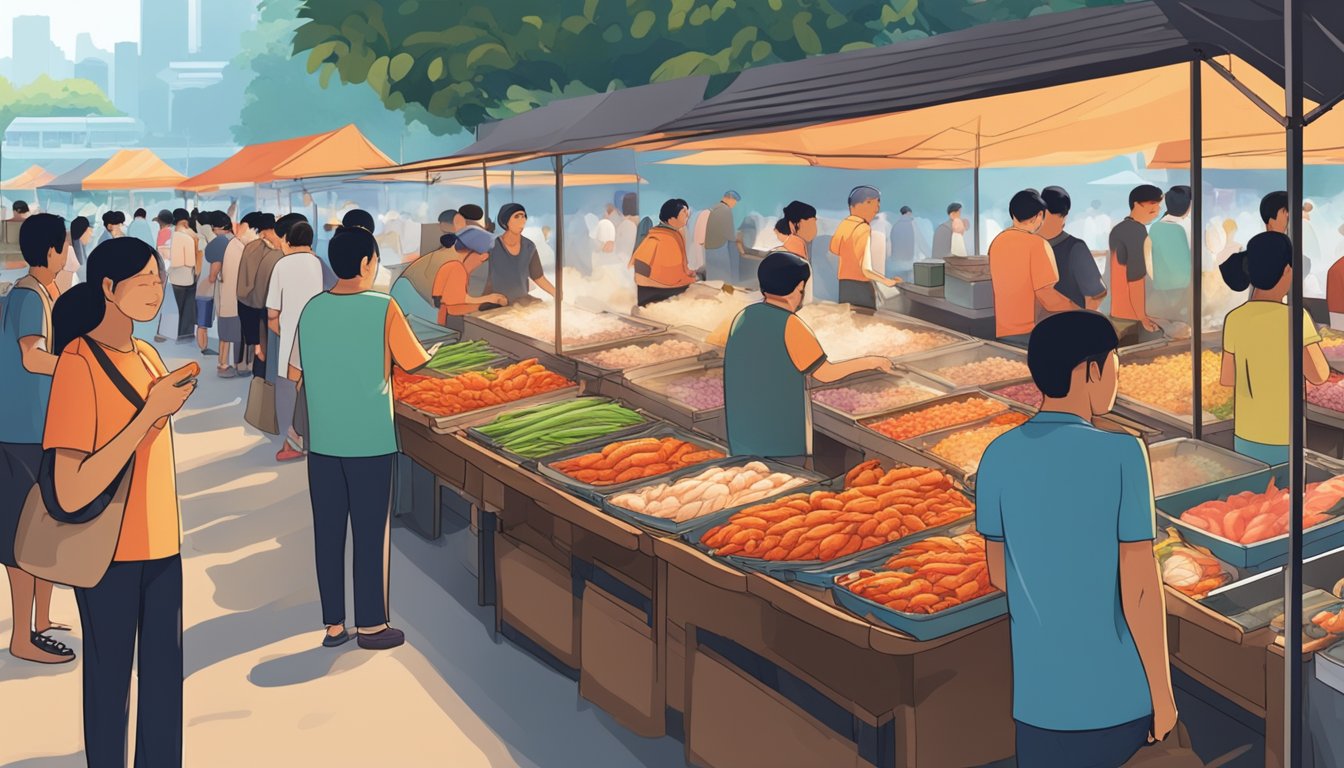 A bustling seafood market in Singapore, with colorful stalls and vendors selling fresh volcano shrimp. Customers eagerly line up to purchase the spicy delicacy