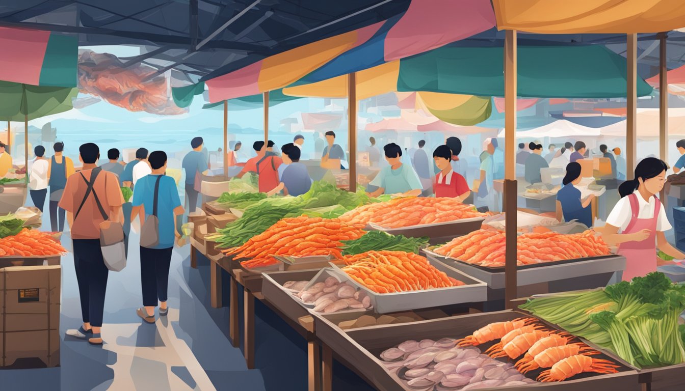 A bustling seafood market with colorful stalls and vendors selling fresh volcano shrimp in Singapore