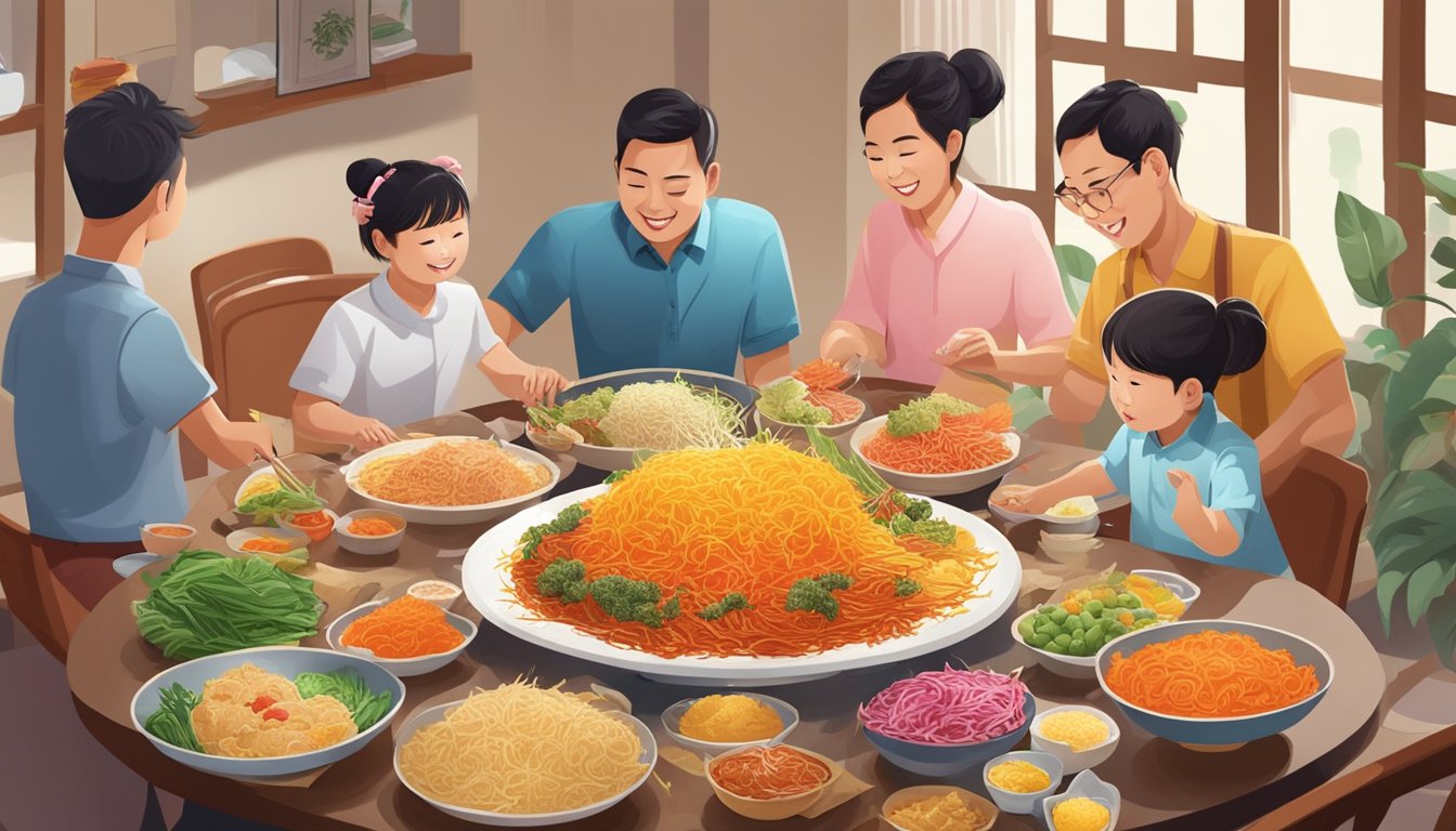 A family gathers around a table with a large platter of colorful ingredients, preparing to toss Yu Sheng in Singapore
