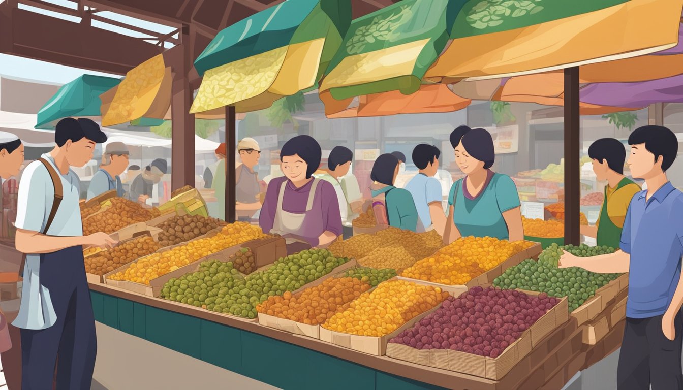 A bustling market stall in Singapore displays various dried fruits, including sour plum, in colorful packaging. Customers browse the selection, pointing and discussing their choices with the vendor