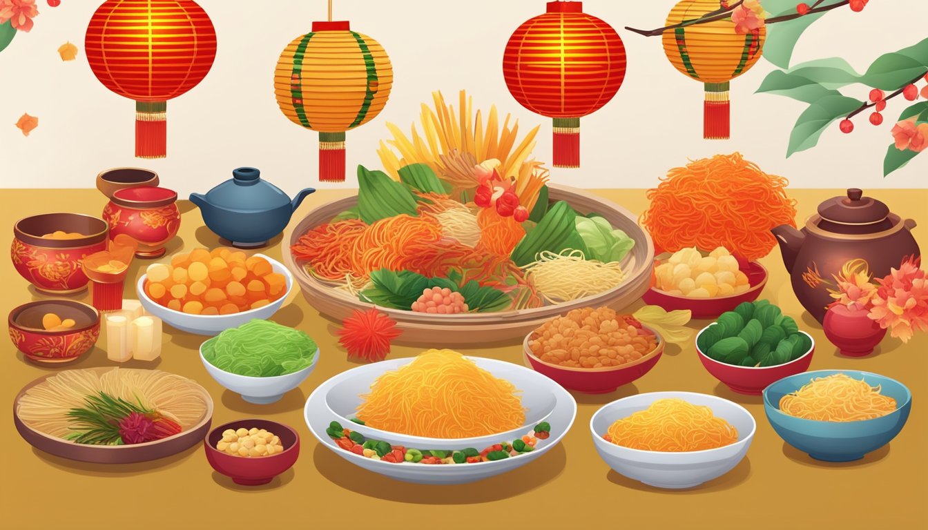 A table set with colorful ingredients for Yu Sheng, surrounded by festive decorations and red lanterns, symbolizing the joyful celebration of Lunar New Year