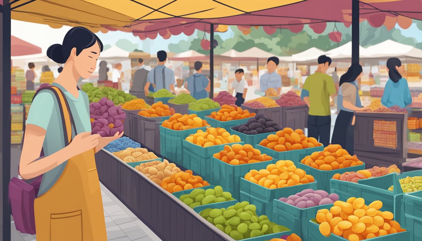 A bustling market stall displays an array of dried sour plums in colorful packaging, with customers sampling and purchasing the popular snack in Singapore