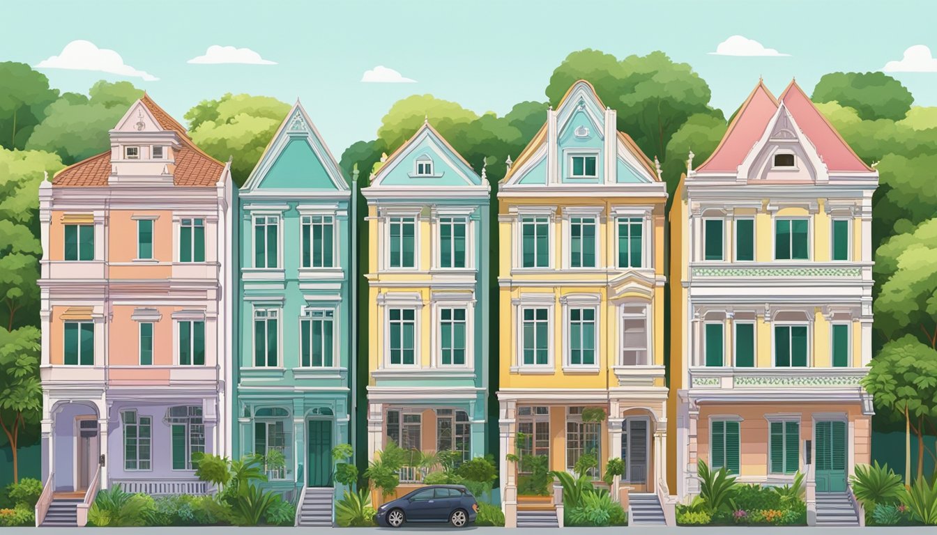 A row of colorful conservation houses in Singapore, with intricate architectural details and lush greenery in the surrounding area