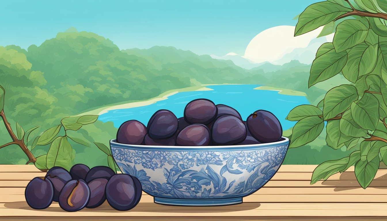 A bowl of dried sour plums sits on a wooden table with a backdrop of vibrant green leaves and a clear blue sky. A sign in the background indicates the availability of dried sour plums for purchase in Singapore