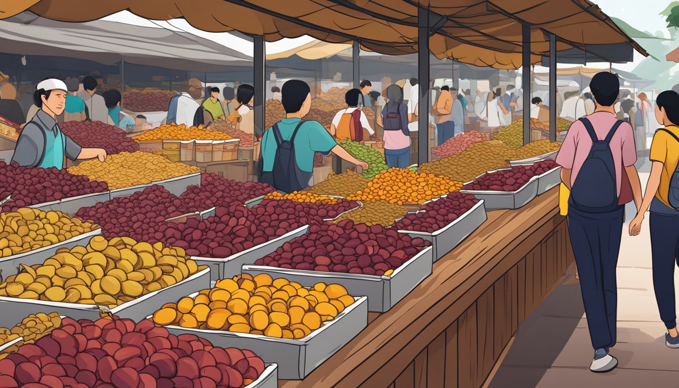 Shelves of dried sour plums at a bustling market in Singapore. Customers browsing, vendors selling, and colorful packaging on display
