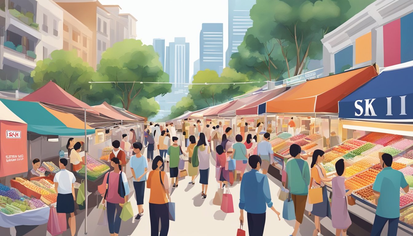 A bustling street market in Singapore, with colorful stalls selling discounted SK-II products. Shoppers browse through the selection, while vendors call out their special offers