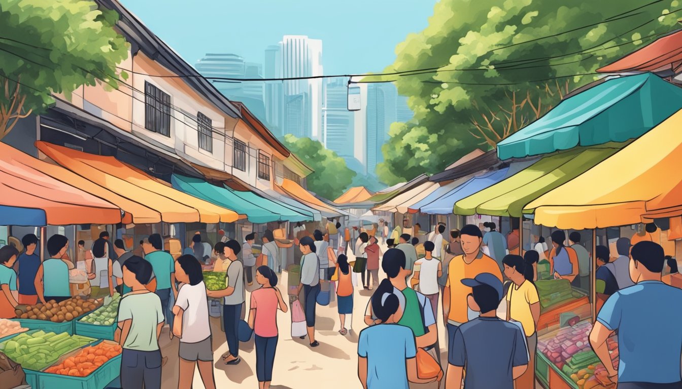 People bustling in a vibrant market, exchanging currency for conservation houses in Singapore. Stalls filled with colorful goods and the sound of bargaining fills the air