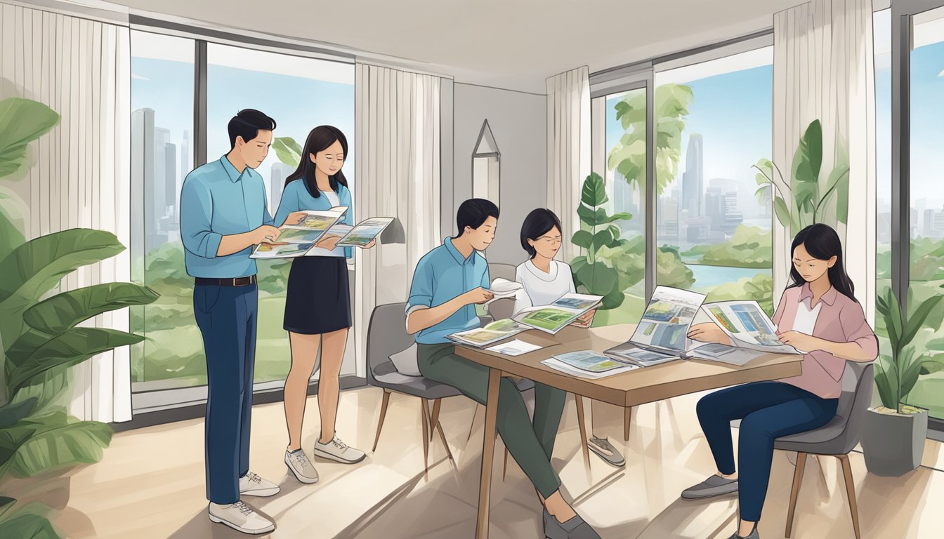 Potential homebuyers browsing through brochures, asking real estate agents about conservation houses in Singapore