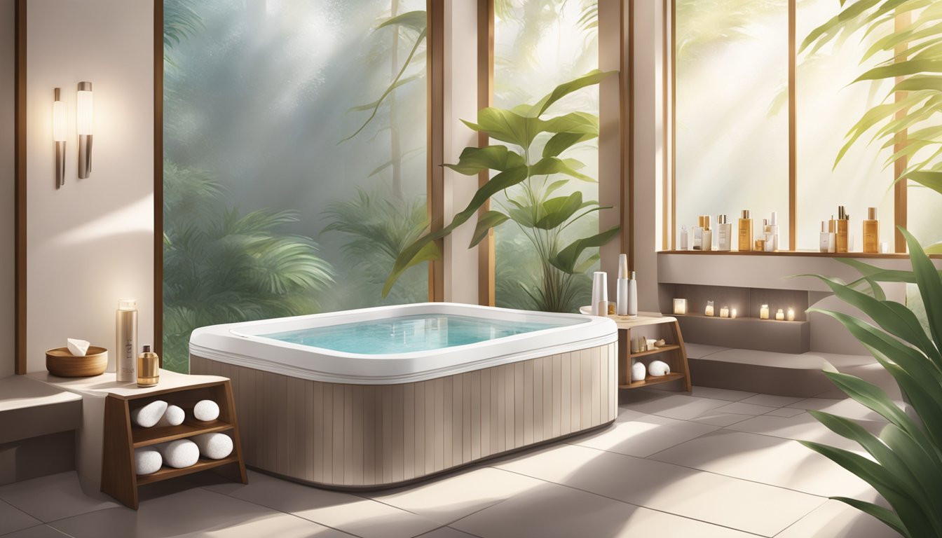 A serene spa setting with SK-II products displayed, soft lighting, and natural elements
