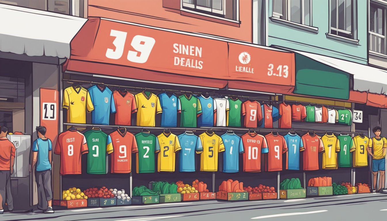 A bustling street market in Singapore displays rows of colorful football jerseys at discounted prices. Shop signs boast of cheap deals, drawing in eager customers