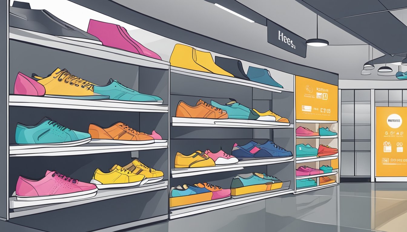 A store in Singapore sells waterproof shoes. Shelves display various styles and sizes. A sign advertises the shoes' waterproof feature