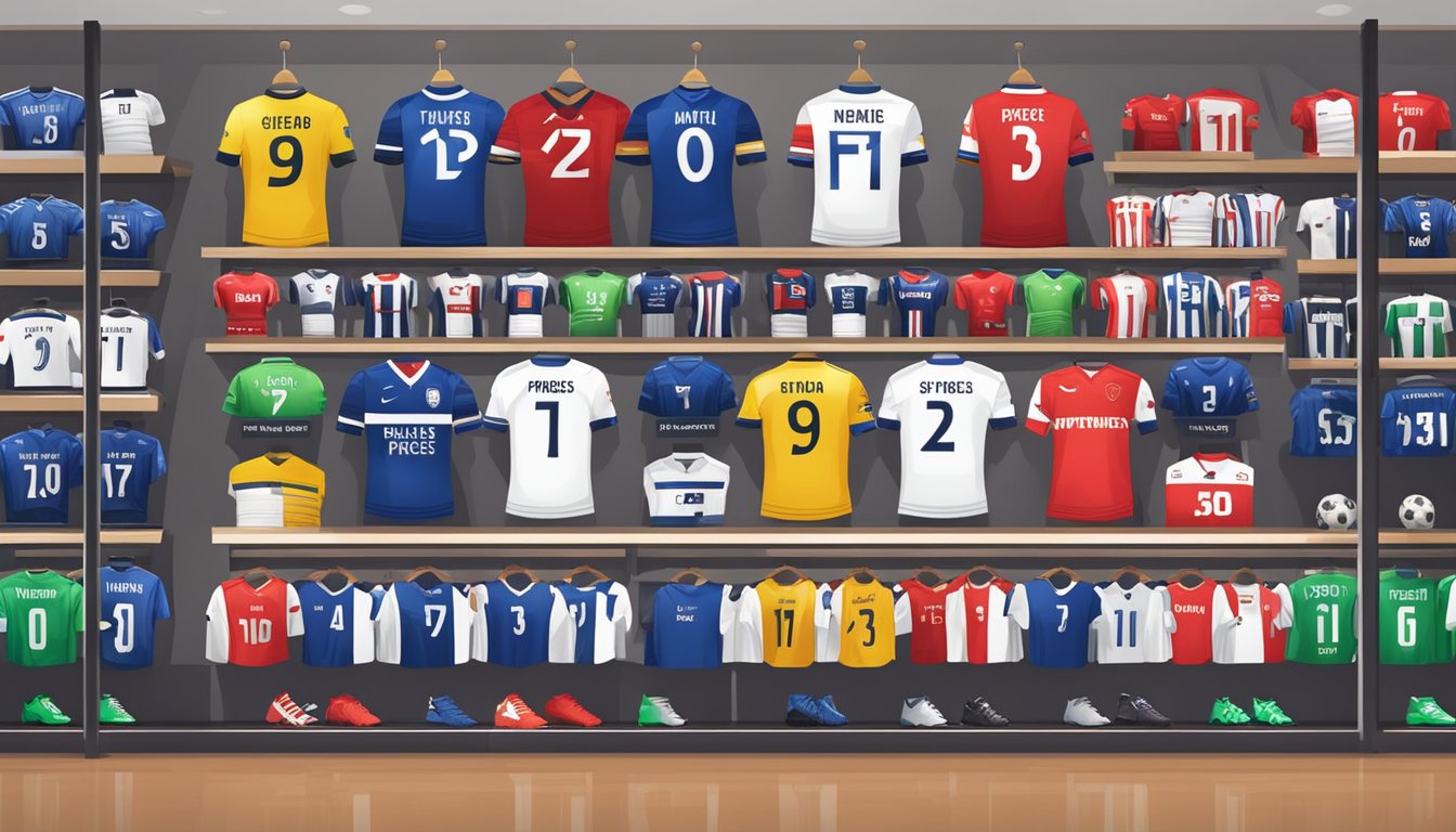 A display of various football jerseys in a sports store, with a sign indicating "cheap prices" in Singapore