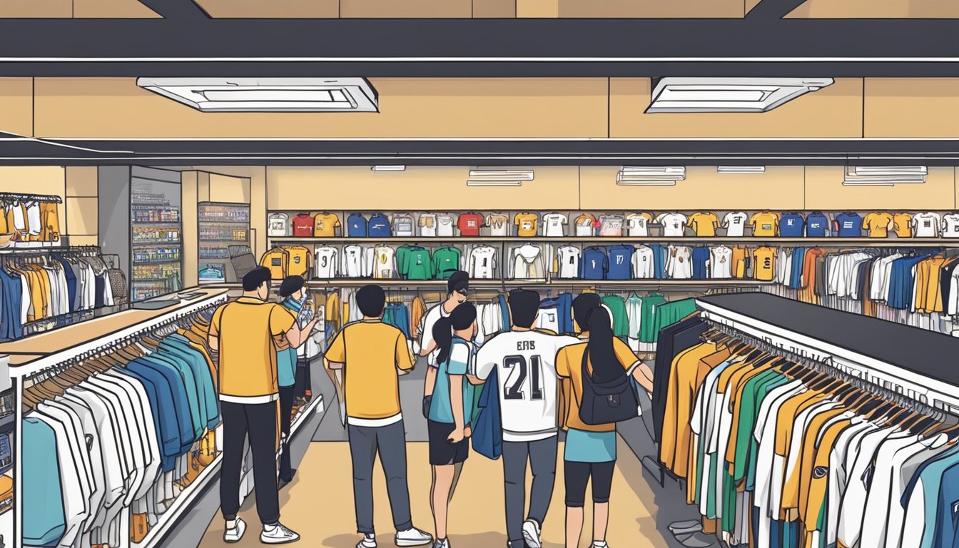 A crowded sports merchandise store displays racks of discounted football jerseys in Singapore. Customers browse through the selection, while a salesperson assists a group of shoppers