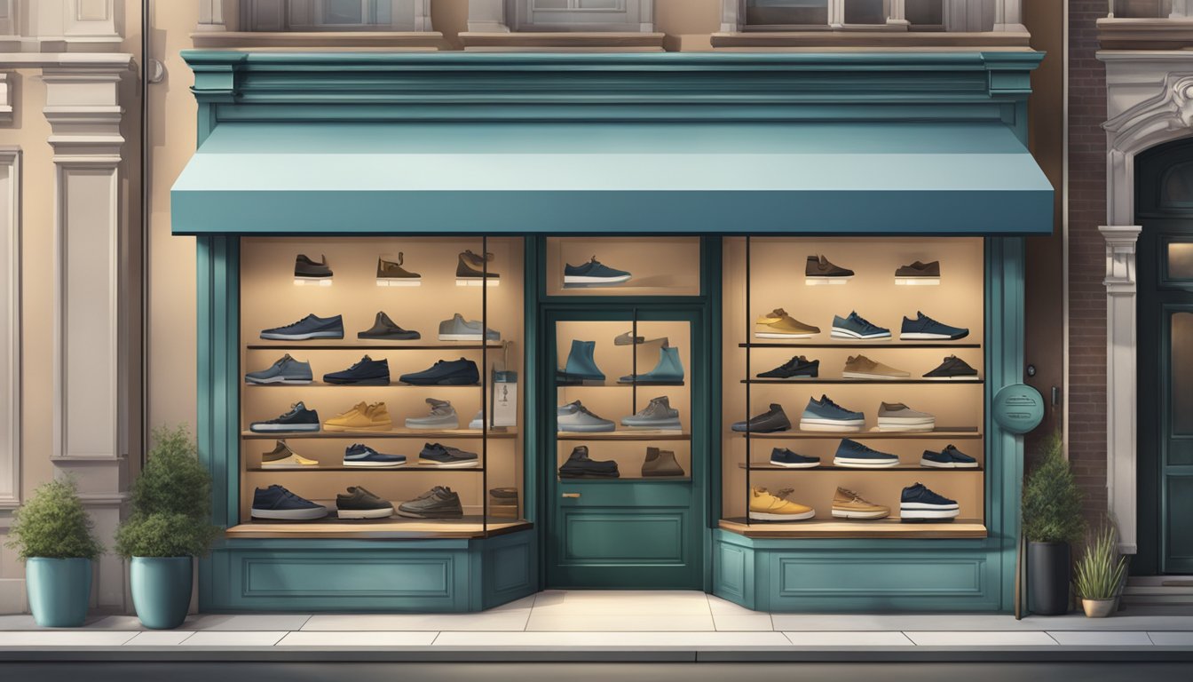 A storefront with a variety of waterproof shoes displayed, with a prominent sign indicating "waterproof" and a diverse range of styles and sizes