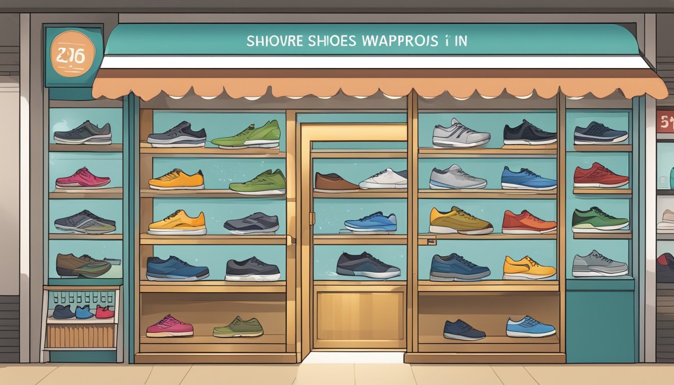 A store in Singapore displays a variety of waterproof shoes, with a sign indicating "Frequently Asked Questions: Where to buy waterproof shoes in Singapore."