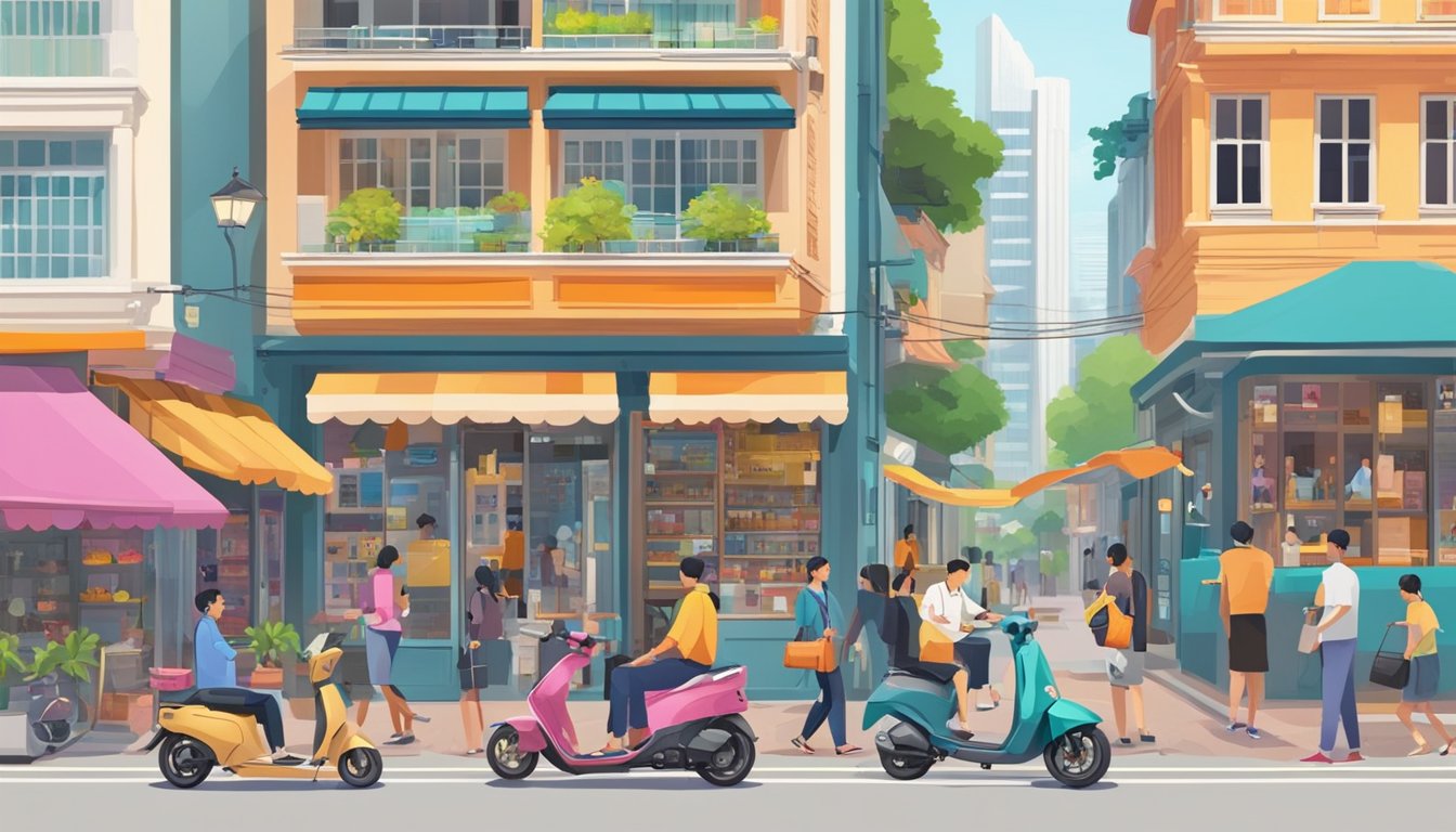 A bustling street in Singapore, with colorful storefronts and a variety of electric scooters on display. Customers are testing out different models, while salespeople assist with inquiries