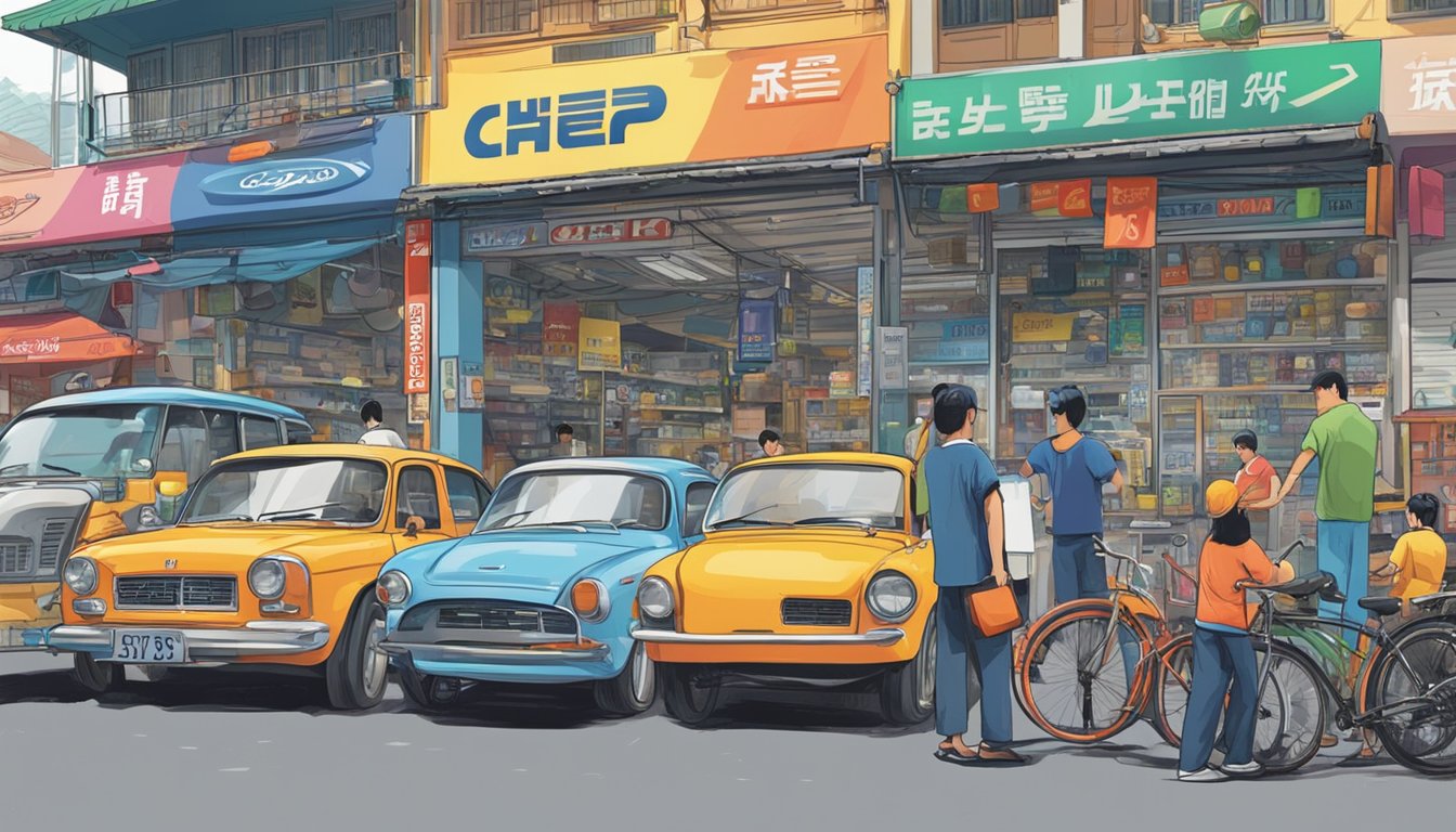 A bustling street lined with tire shops, colorful signs advertise "cheap tyres" in Singapore. Customers browse through various brands and sizes, as mechanics work on cars in the background