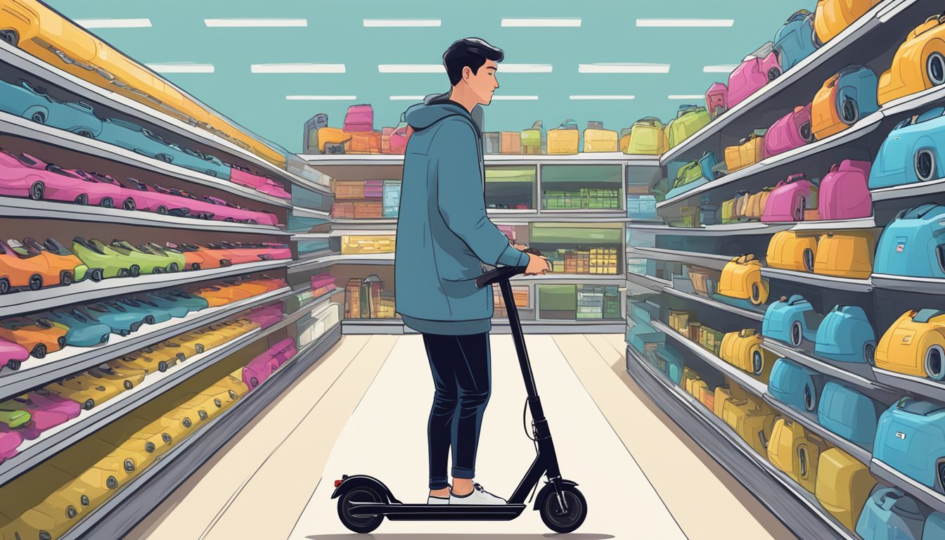 A person browsing through a variety of e-scooters in a store, carefully examining the features and comparing prices before making a decision
