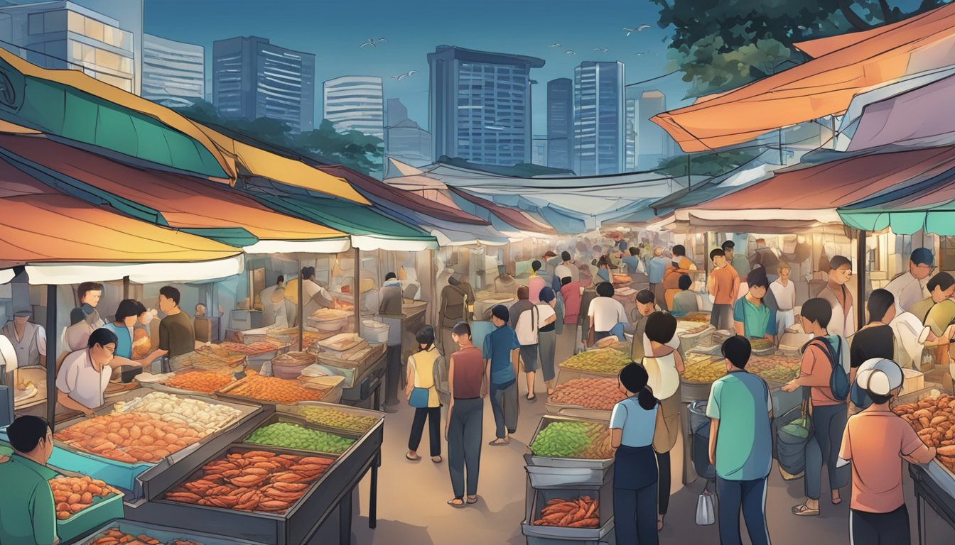 A bustling seafood market in Singapore, with colorful stalls selling fresh crab, surrounded by eager customers and the aroma of the sea