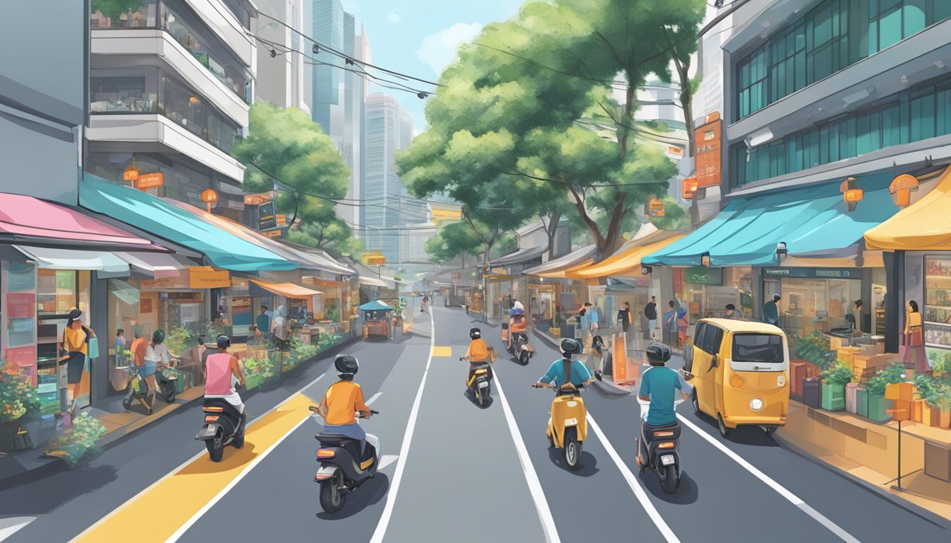 A bustling street in Singapore, with storefronts displaying various e-scooter models. Signs and regulations for e-scooter purchases are prominently displayed