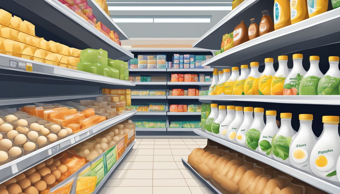 A carton of egg whites sits on a grocery store shelf in Singapore, surrounded by other food items