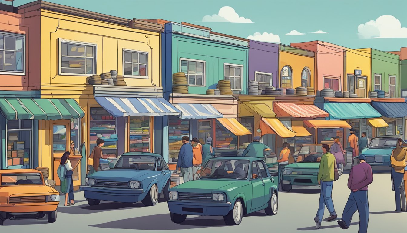 A bustling street lined with tire shops, colorful signs advertising affordable prices. Customers browsing through stacks of tires, mechanics chatting with customers