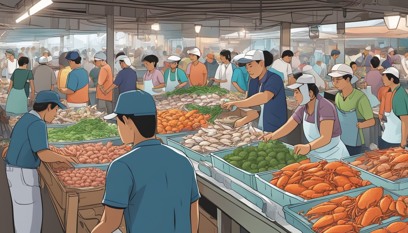 A bustling seafood market in Singapore, with vendors proudly displaying their fresh crabs on ice, surrounded by eager customers