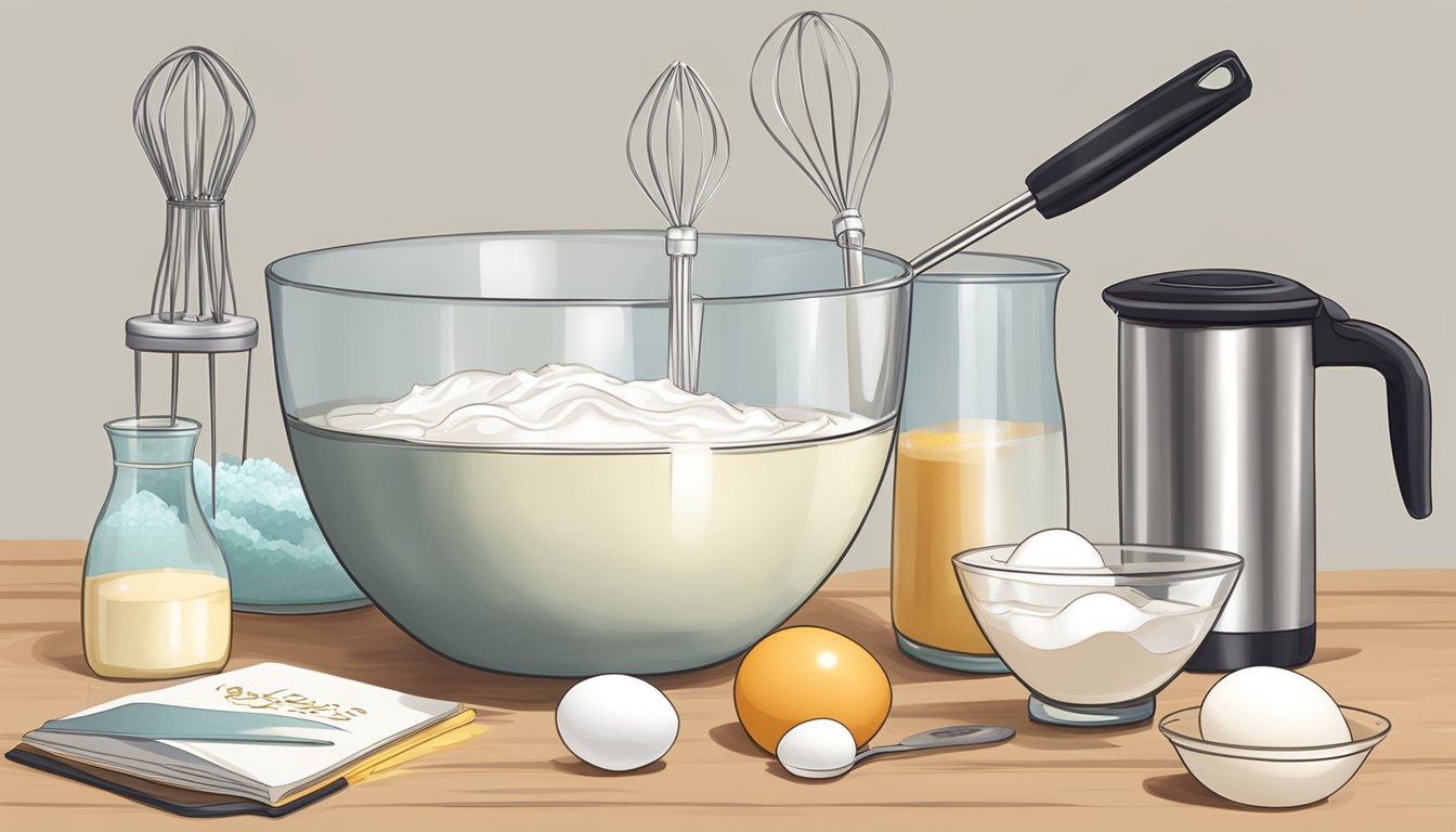 A bowl of egg whites being whipped into stiff peaks with a hand mixer, next to a measuring cup and a recipe book