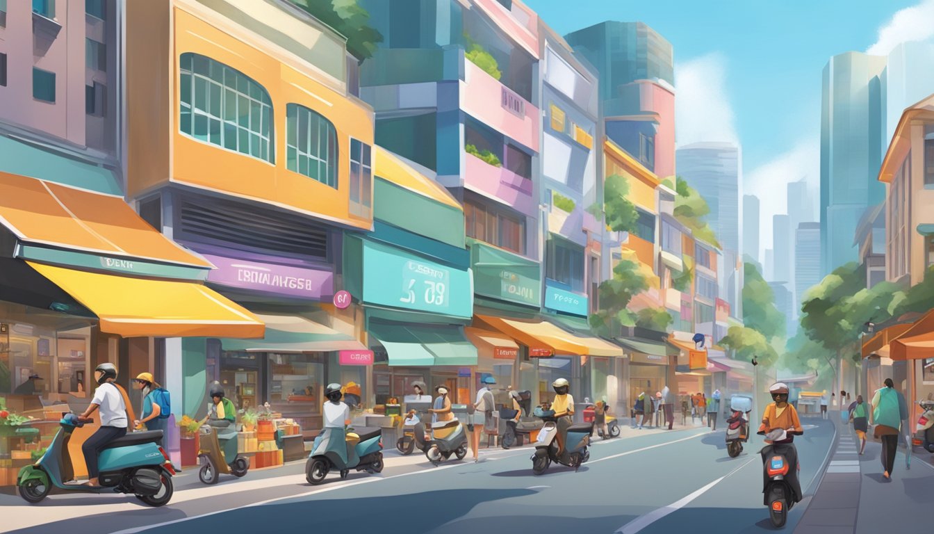 A bustling city street with a variety of e-scooter shops and colorful signs in Singapore
