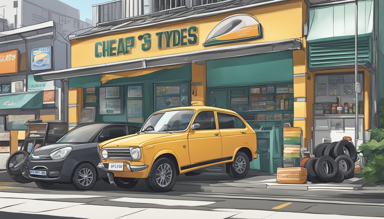 A car parked in front of a tyre shop in Singapore, with a variety of tyre options displayed outside. The shop sign prominently advertises "Cheap Tyres."