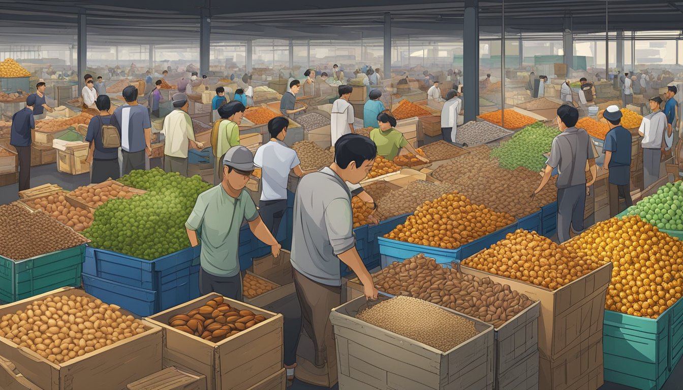 A bustling wholesale market in Singapore displays an array of nuts in large bins and crates, with vendors and buyers negotiating prices and quantities