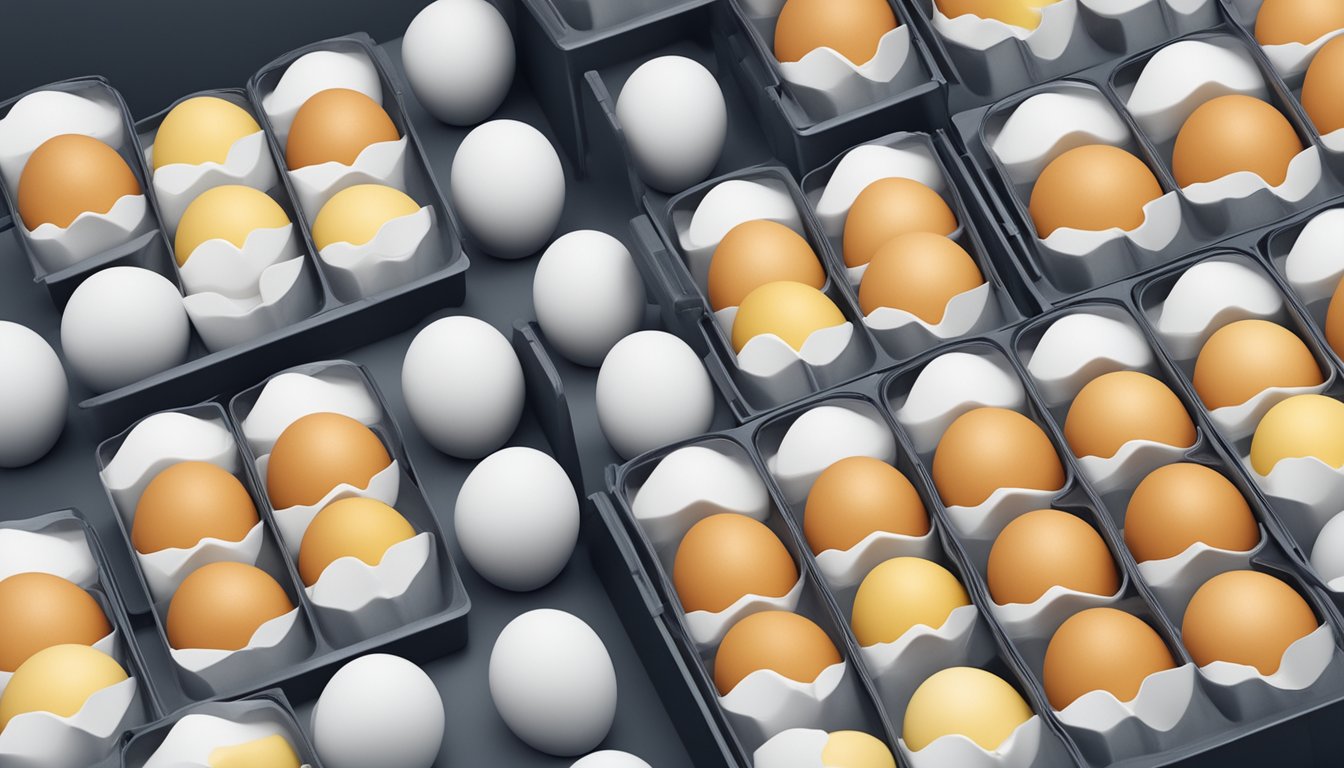 A stack of egg cartons labeled "Frequently Asked Questions Egg White Singapore" displayed on a supermarket shelf