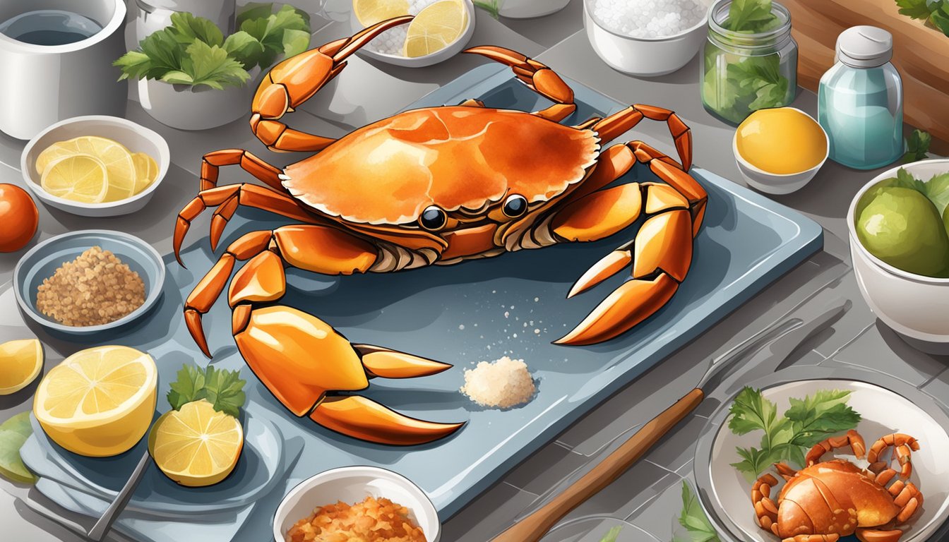 Crabs being cleaned and prepared on a kitchen counter with various utensils and ingredients nearby