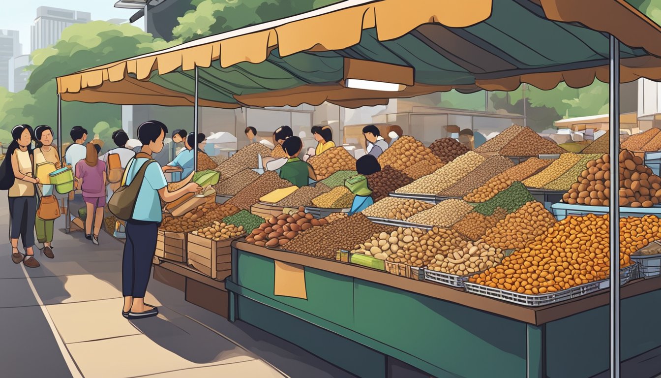 A bustling market stall displays a variety of wholesale nuts in Singapore. Vendors interact with customers, showcasing their selection of fresh and flavorful nuts