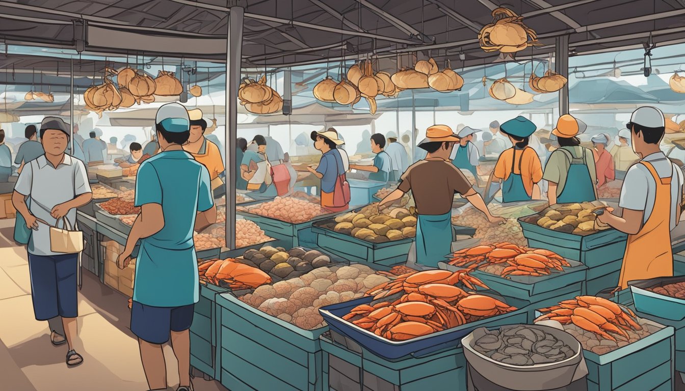 A bustling seafood market in Singapore, with vendors showcasing fresh crabs and eager customers inquiring about their availability