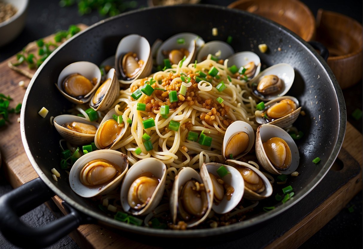 A chef stir-fries fresh clams with ginger, garlic, and green onions in a wok, adding a splash of soy sauce and cooking until the shells pop open