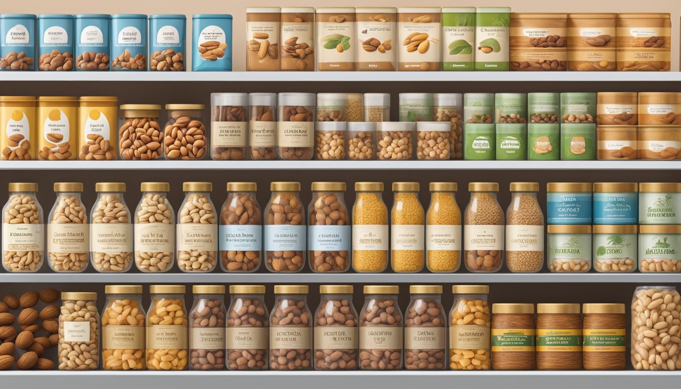 A display of various nut varieties arranged neatly on shelves in a wholesale store in Singapore. Labels indicate different types and prices