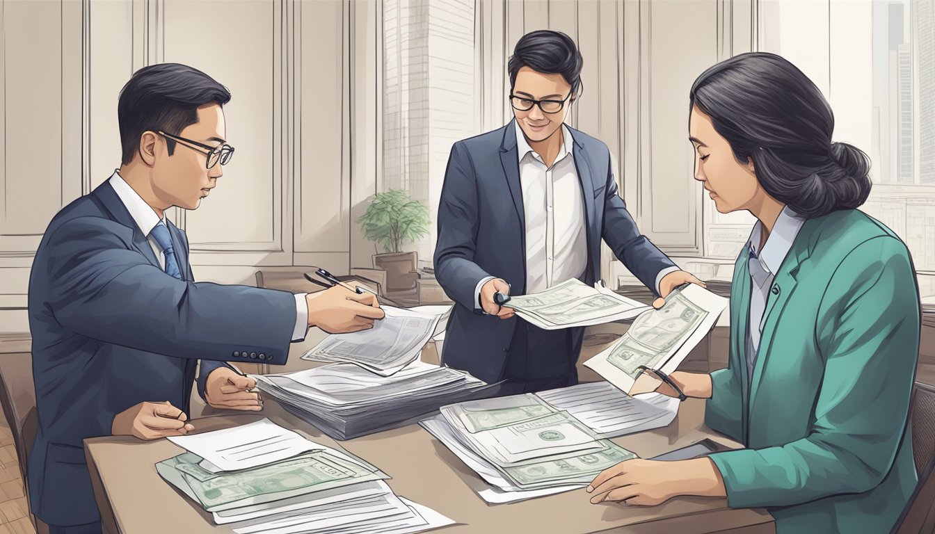A foreigner signs legal documents with a real estate agent in Singapore. A large sum of money is exchanged, and keys are handed over