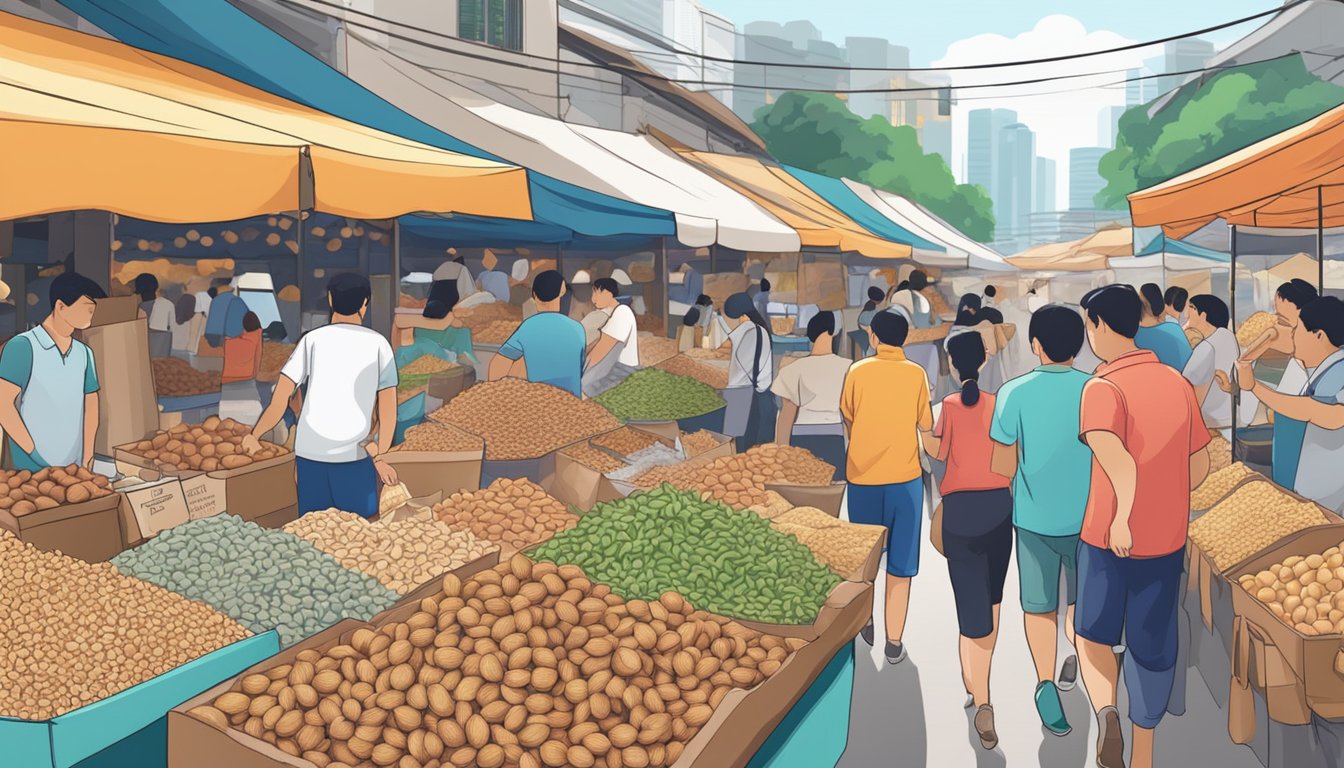 A bustling marketplace with various vendors selling bulk nuts in Singapore. Customers inquire about wholesale options at each stall