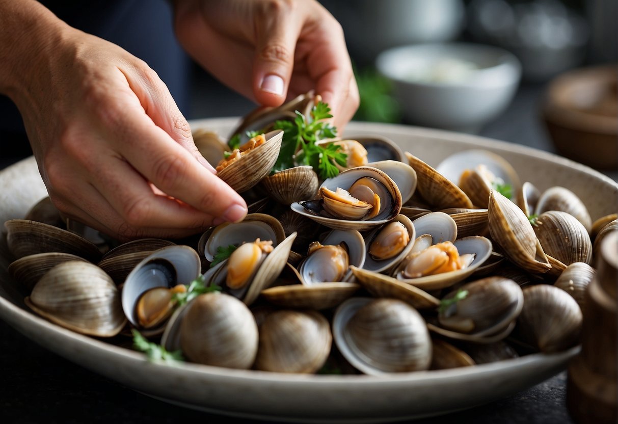 A hand reaches into a pile of fresh clams, carefully selecting the best ones for a Pacific clam recipe. The clams are arranged on a clean, white surface, ready to be prepared in a Chinese style dish
