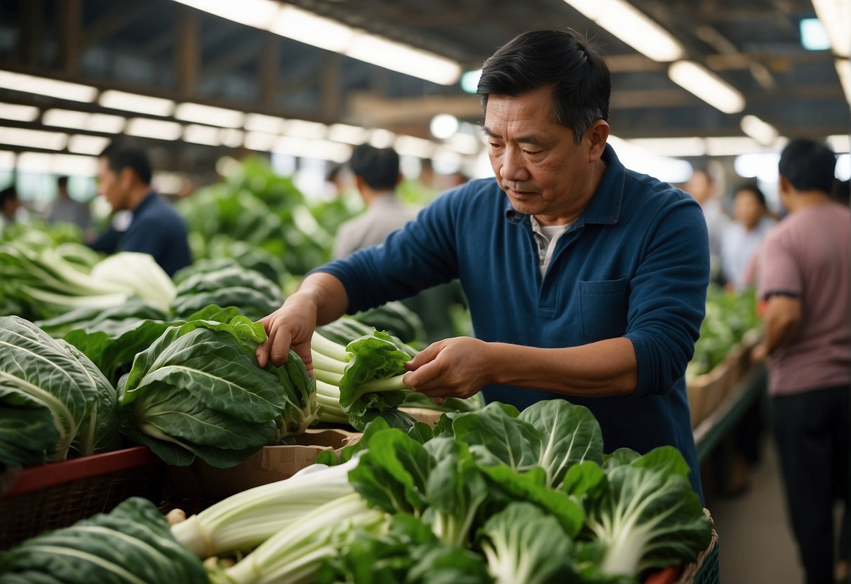 A hand reaches for pak choi in a bustling Chinese market. The vendor carefully selects and prepares the leafy green vegetable for a traditional recipe