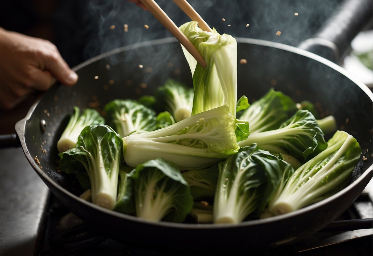 Pak choi being stir-fried in a sizzling hot wok with garlic and ginger, being tossed and turned with a pair of chopsticks