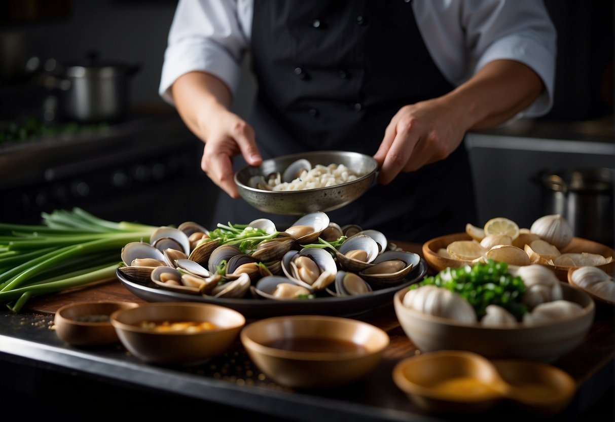 A chef gathers fresh clams, ginger, garlic, and green onions. They prepare a savory sauce with soy sauce, oyster sauce, and sesame oil. The clams are steamed and then tossed in the fragrant sauce